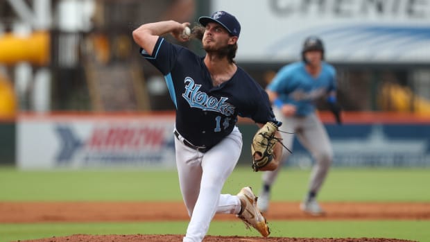 Hooks' Spencer Arrighetti pitches during a homestand against the Sod Poodles at Whataburger Field on Thursday, June 22, 2023.